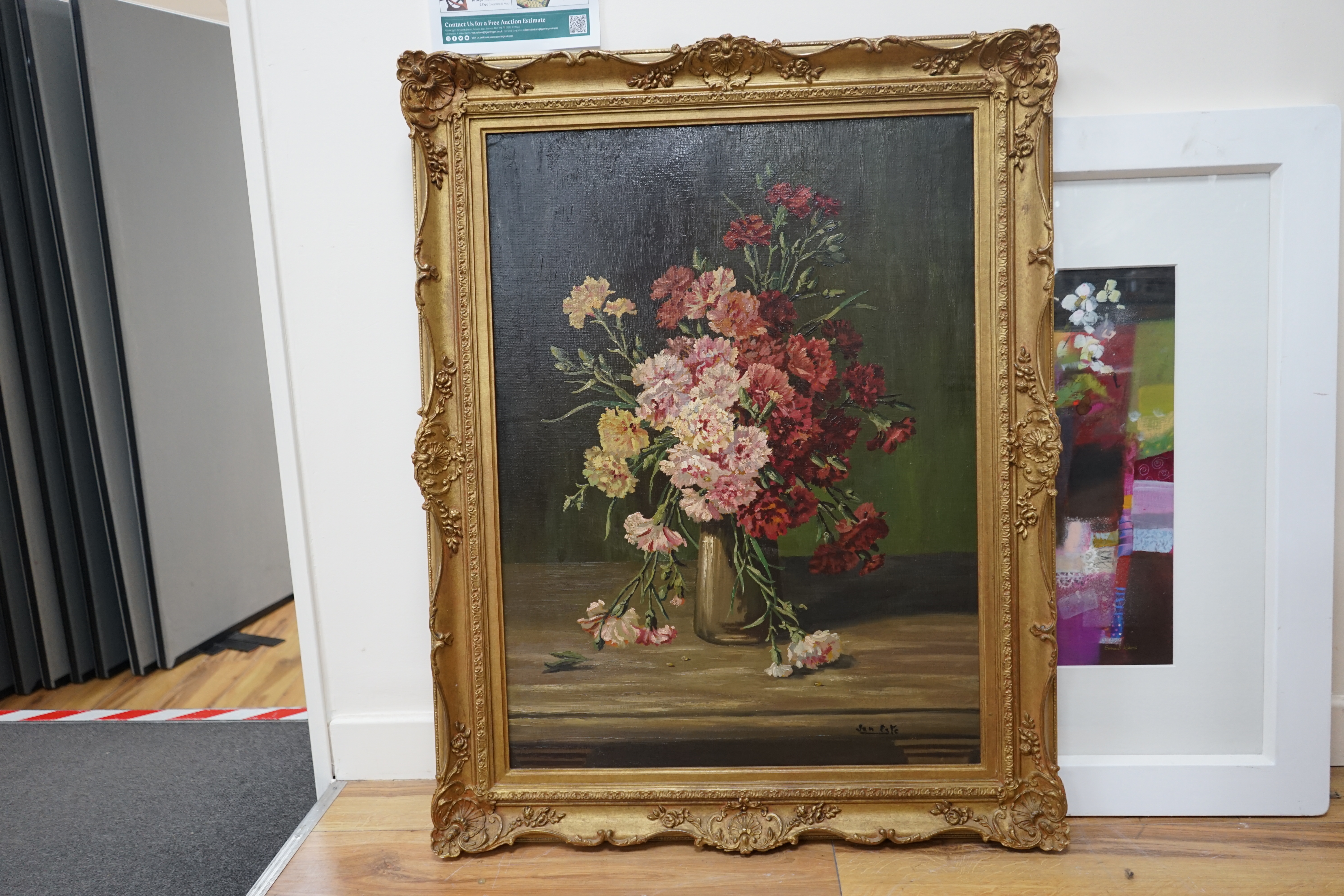 Van Este, oil on canvas, Still life of Carnations in a vase, signed, 79 x 58cm, gilt framed. Condition - good